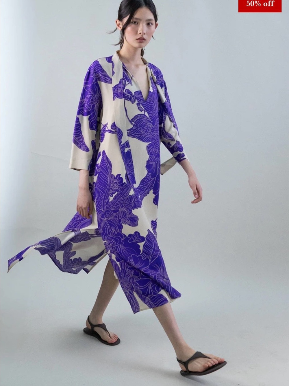 Psophia Contour Silk Mandarin Tie Neck Midi Dress